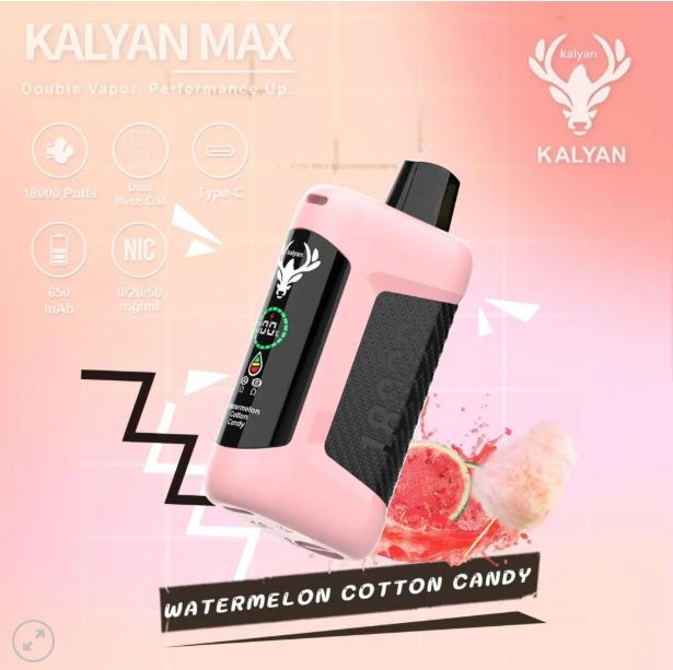 Watermelon Cotton Candy Kalyan Max 18000 Puffs Rechargeable Disposable Vape: a high-capacity, rechargeable disposable vape featuring a classic, sweet, and crisp shisha-style apple flavor.