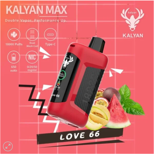 Love 66 Kalyan Max 18000 Puffs Rechargeable Disposable Vape: a high-capacity, rechargeable disposable vape featuring a classic, sweet, and crisp shisha-style apple flavor.
