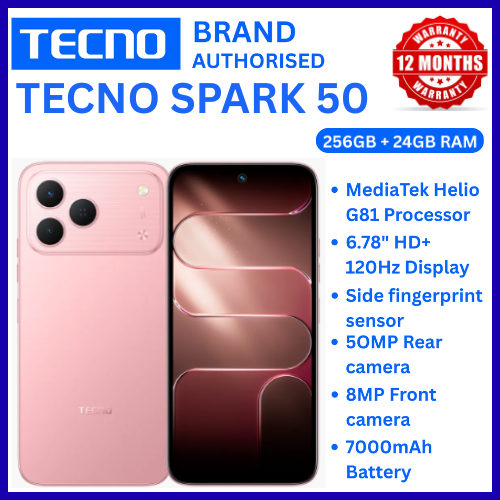 NEW ARRIVALS!!!! BRAND NEW TECNO SPARK 50 4G SMARTPHONE 256GB ROM+ 24GB RAM 6.78"  INCH SCREEN 120Hz REFRESH RATE 6700mAh Battery 18W FAST CHARGING, 50MP  CAMERA, 8MP BACK CAMERA  ANDROID 16