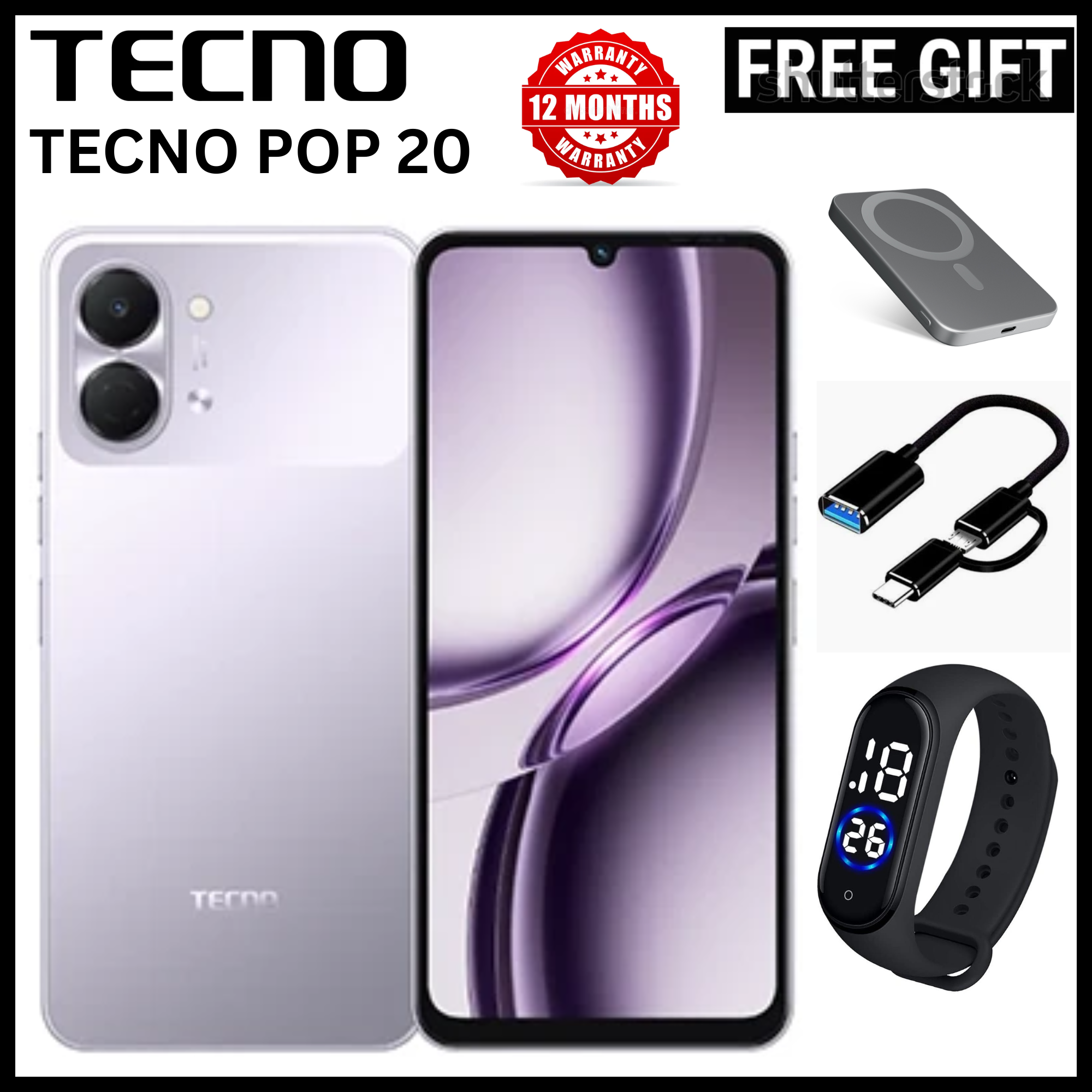 BRAND NEW TECNO POP 20 128GB ROM +4GB RAM 6.75 inch FHD 5000mAh Battery 13MP Main Camera Dual SIM 4G 15W FAST NETWORK UNISOC T7250 PROCESSOR Android 15