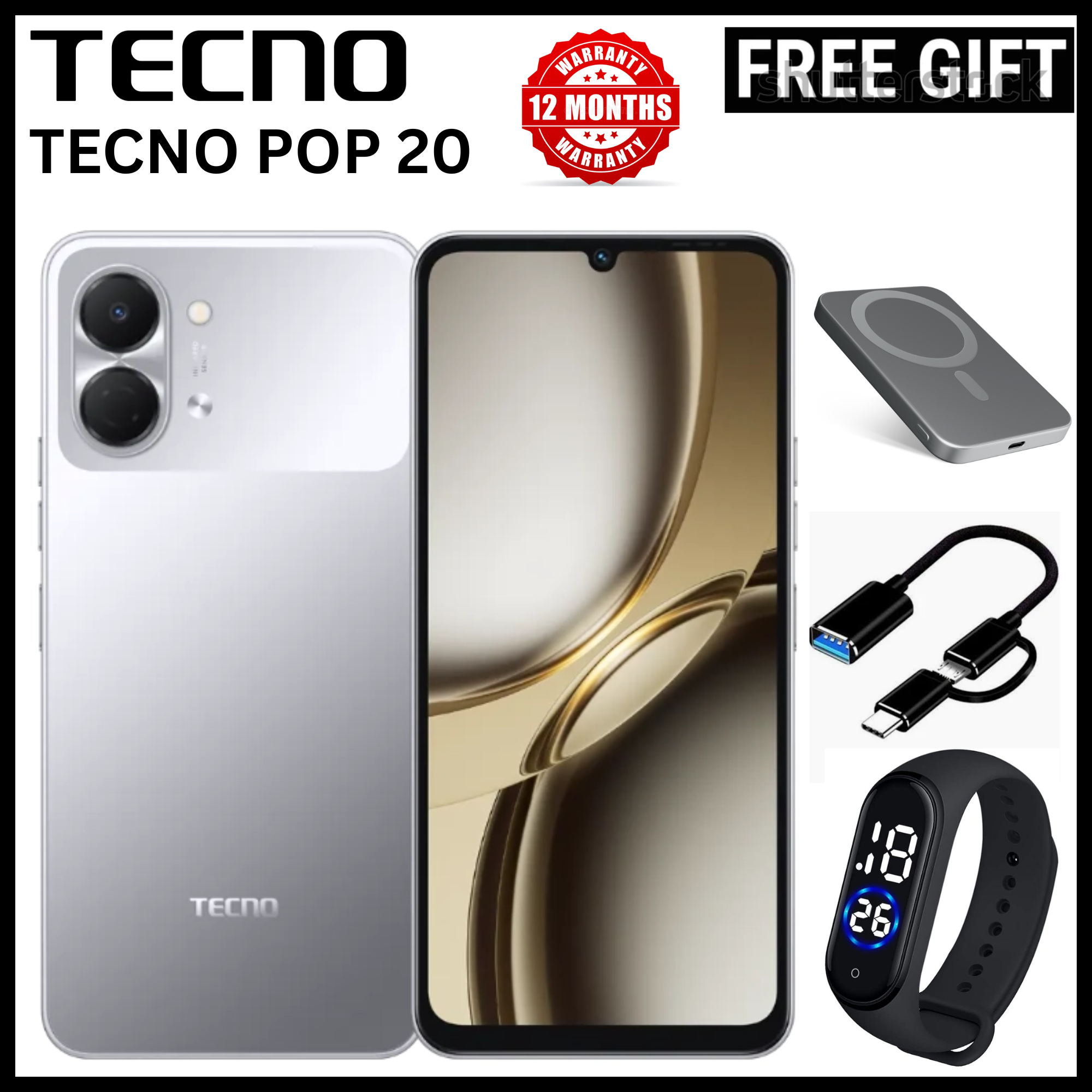 BRAND NEW TECNO POP 20 128GB ROM +4GB RAM 6.75 inch FHD 5000mAh Battery 13MP Main Camera Dual SIM 4G 15W FAST NETWORK UNISOC T7250 PROCESSOR Android 15