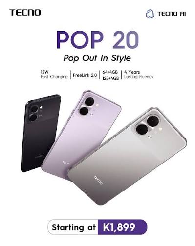 BRAND NEW TECNO POP 20 128GB ROM +4GB RAM 6.75 inch FHD 5000mAh Battery 13MP Main Camera Dual SIM 4G 15W FAST NETWORK UNISOC T7250 PROCESSOR Android 15