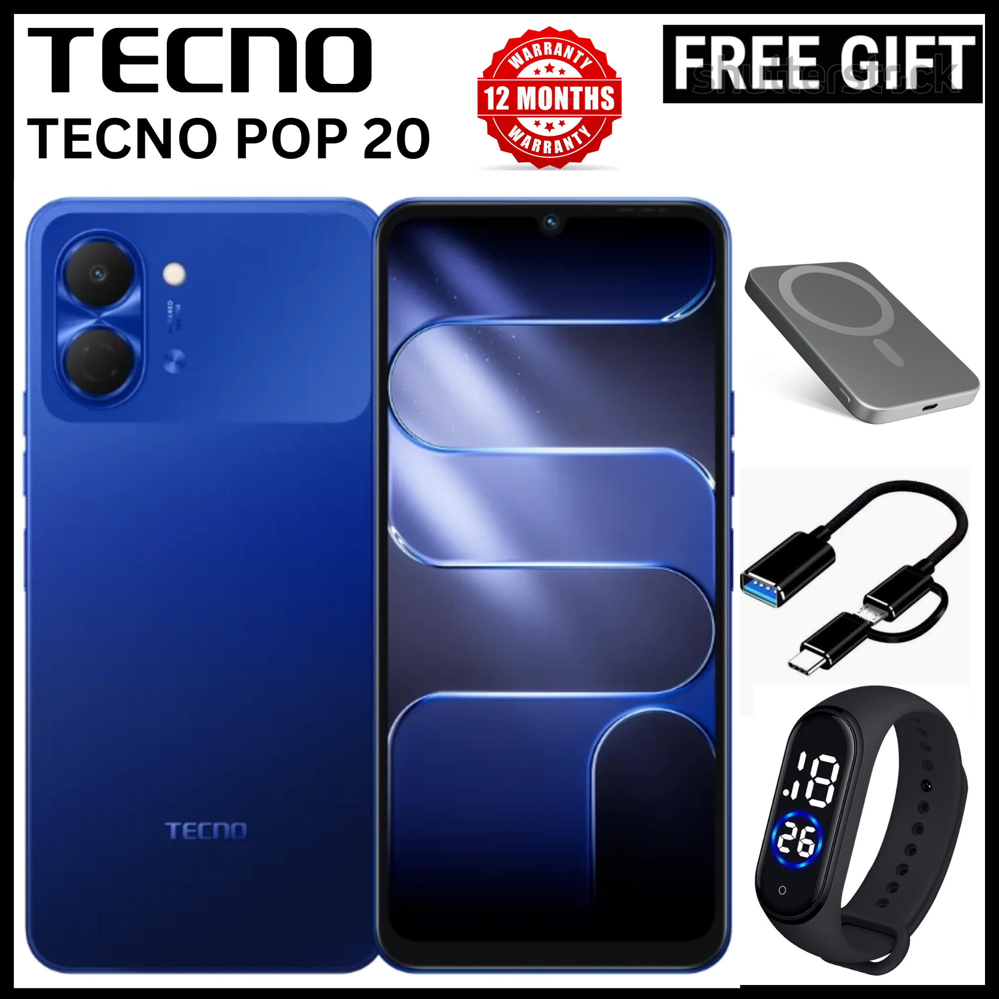 BRAND NEW TECNO POP 20 128GB ROM +4GB RAM 6.75 inch FHD 5000mAh Battery 13MP Main Camera Dual SIM 4G 15W FAST NETWORK UNISOC T7250 PROCESSOR Android 15