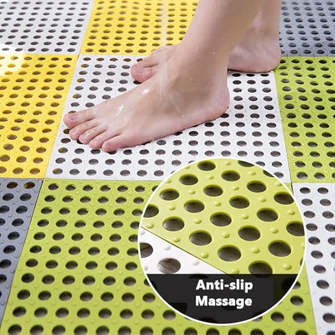 6 Pack Drainage Interlocking Rubber Floor Tiles Soft PVC Non-Slip Tile Splicing Shower Mat, outdoor bathroom floor drainage mat, swimming pool terrace balcony mat,DIY cut‑to‑size(3 Grey + 3 White )