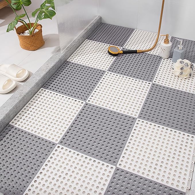 6 Pack Drainage Interlocking Rubber Floor Tiles Soft PVC Non-Slip Tile Splicing Shower Mat, outdoor bathroom floor drainage mat, swimming pool terrace balcony mat,DIY cut‑to‑size(3 Grey + 3 White )
