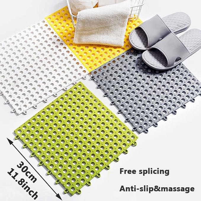 6 Pack Drainage Interlocking Rubber Floor Tiles Soft PVC Non-Slip Tile Splicing Shower Mat, outdoor bathroom floor drainage mat, swimming pool terrace balcony mat,DIY cut‑to‑size(3 Grey + 3 White )