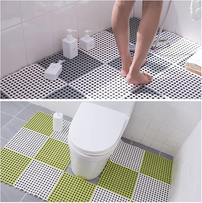 6 Pack Drainage Interlocking Rubber Floor Tiles Soft PVC Non-Slip Tile Splicing Shower Mat, outdoor bathroom floor drainage mat, swimming pool terrace balcony mat,DIY cut‑to‑size(3 Grey + 3 White )