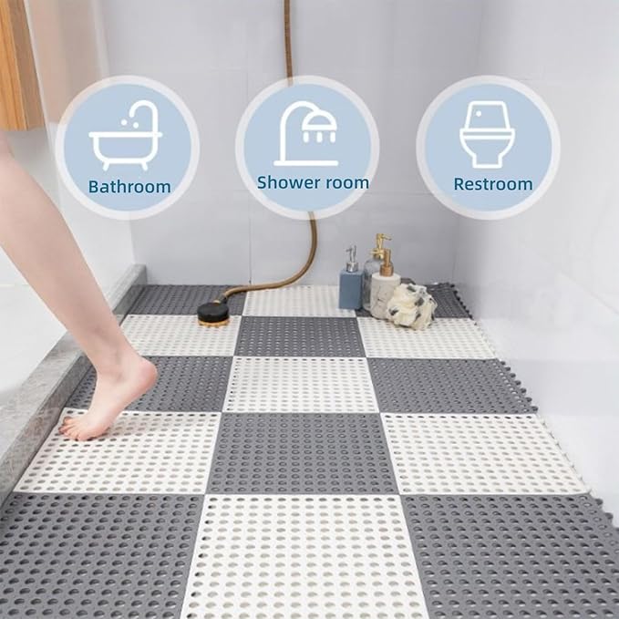 6 Pack Drainage Interlocking Rubber Floor Tiles Soft PVC Non-Slip Tile Splicing Shower Mat, outdoor bathroom floor drainage mat, swimming pool terrace balcony mat,DIY cut‑to‑size(3 Grey + 3 White )