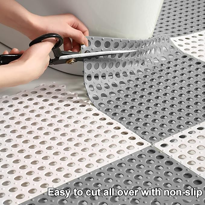 6 Pack Drainage Interlocking Rubber Floor Tiles Soft PVC Non-Slip Tile Splicing Shower Mat, outdoor bathroom floor drainage mat, swimming pool terrace balcony mat,DIY cut‑to‑size(3 Grey + 3 White )