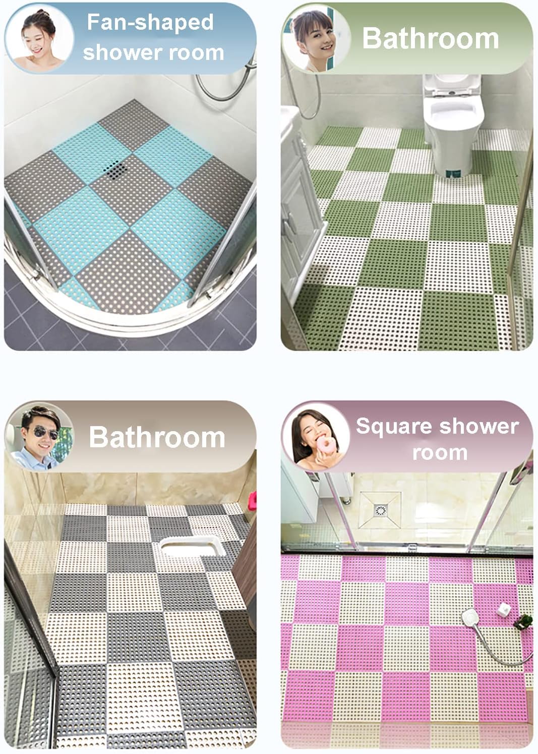 6 Pack Drainage Interlocking Rubber Floor Tiles Soft PVC Non-Slip Tile Splicing Shower Mat, outdoor bathroom floor drainage mat, swimming pool terrace balcony mat,DIY cut‑to‑size(3 Grey + 3 White )