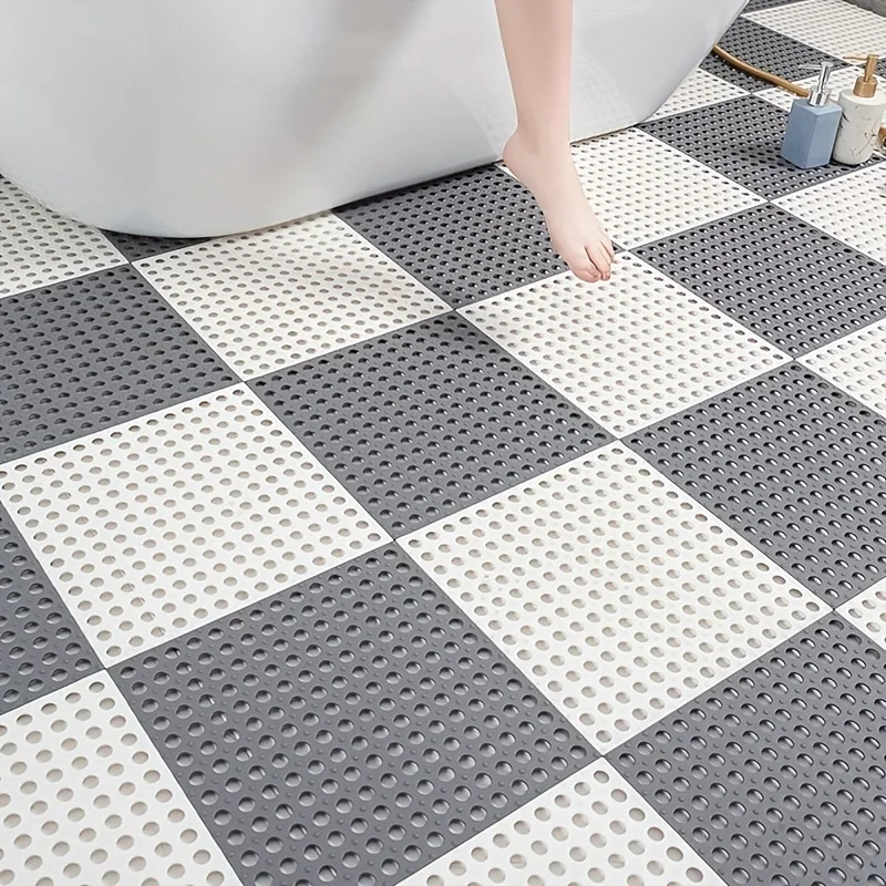 6 Pack Drainage Interlocking Rubber Floor Tiles Soft PVC Non-Slip Tile Splicing Shower Mat, outdoor bathroom floor drainage mat, swimming pool terrace balcony mat,DIY cut‑to‑size(3 Grey + 3 White )