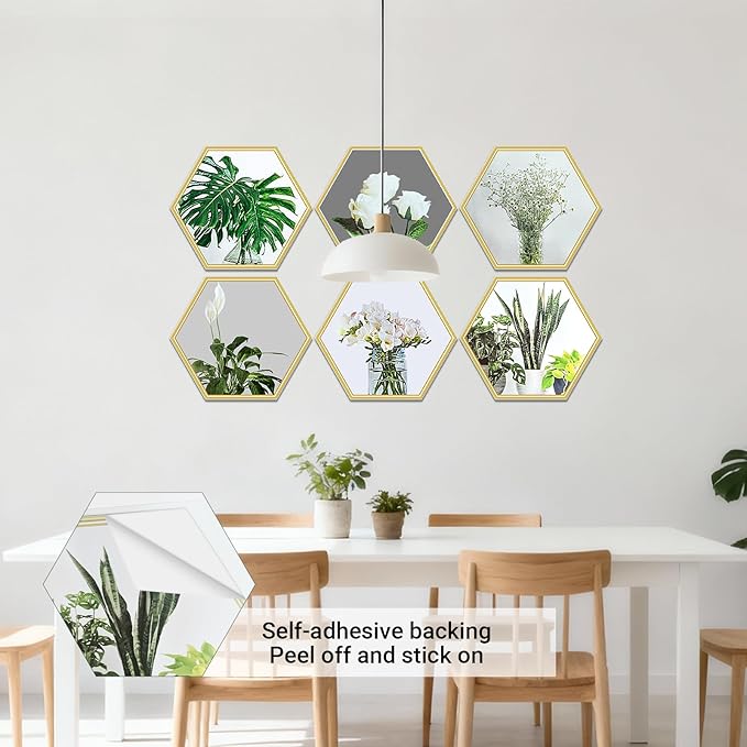 6 Pcs Hexagon Gold Trim Plant Flower 3D DIY Peel and Stick Wall Stickers, Removable PVC Vinyl Magic Picture Decals, Home Decor for Living Room, Bedroom, TV and Sofa Backdrop