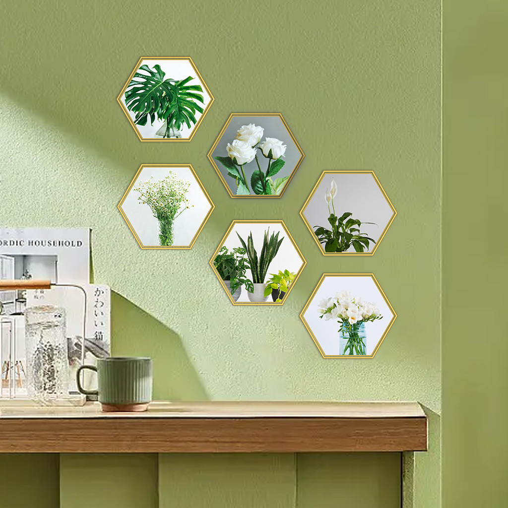 6 Pcs Hexagon Gold Trim Plant Flower 3D DIY Peel and Stick Wall Stickers, Removable PVC Vinyl Magic Picture Decals, Home Decor for Living Room, Bedroom, TV and Sofa Backdrop