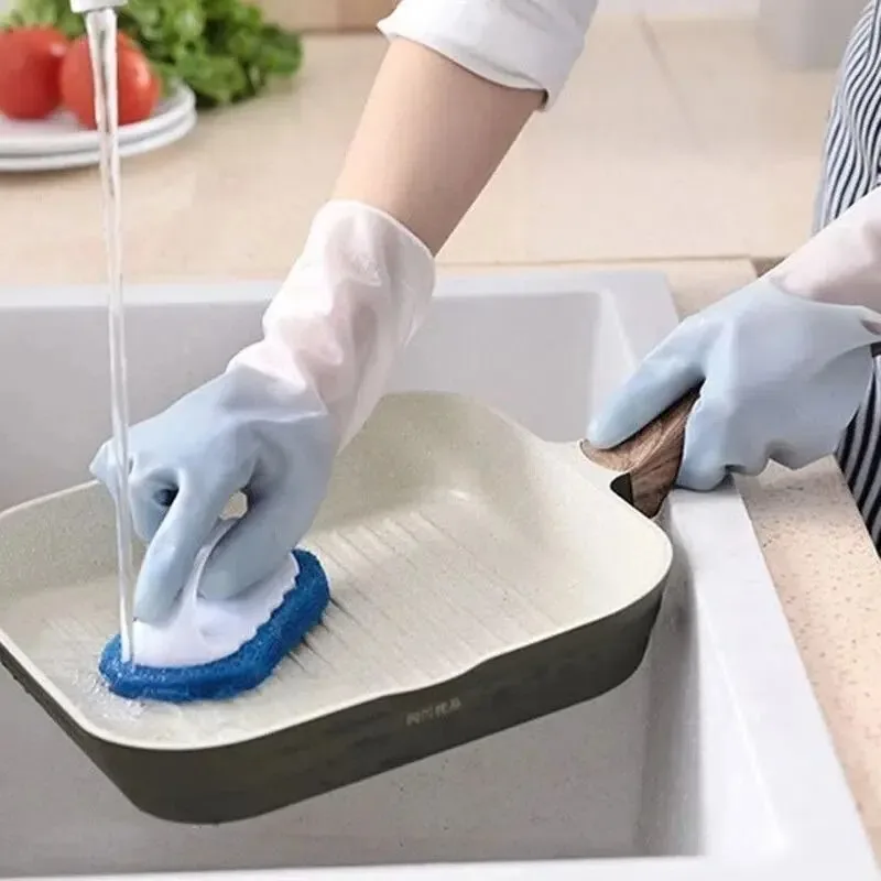 3 Pairs Rubber Beef Tendon Kitchen Gloves, Waterproof Anti-slip Latex Gloves for Dishwashing Housework Cleaning, Durable Protective Silicone Sponge Scrubber Gloves for Household Washing