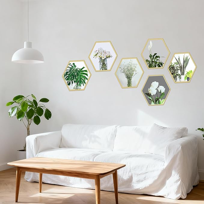 6 Pcs Hexagon Gold Trim Plant Flower 3D DIY Peel and Stick Wall Stickers, Removable PVC Vinyl Magic Picture Decals, Home Decor for Living Room, Bedroom, TV and Sofa Backdrop