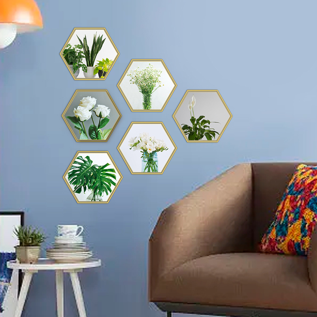 6 Pcs Hexagon Gold Trim Plant Flower 3D DIY Peel and Stick Wall Stickers, Removable PVC Vinyl Magic Picture Decals, Home Decor for Living Room, Bedroom, TV and Sofa Backdrop