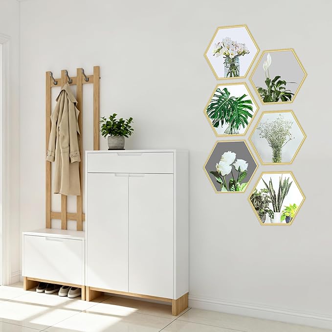 6 Pcs Hexagon Gold Trim Plant Flower 3D DIY Peel and Stick Wall Stickers, Removable PVC Vinyl Magic Picture Decals, Home Decor for Living Room, Bedroom, TV and Sofa Backdrop