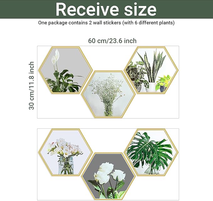 6 Pcs Hexagon Gold Trim Plant Flower 3D DIY Peel and Stick Wall Stickers, Removable PVC Vinyl Magic Picture Decals, Home Decor for Living Room, Bedroom, TV and Sofa Backdrop