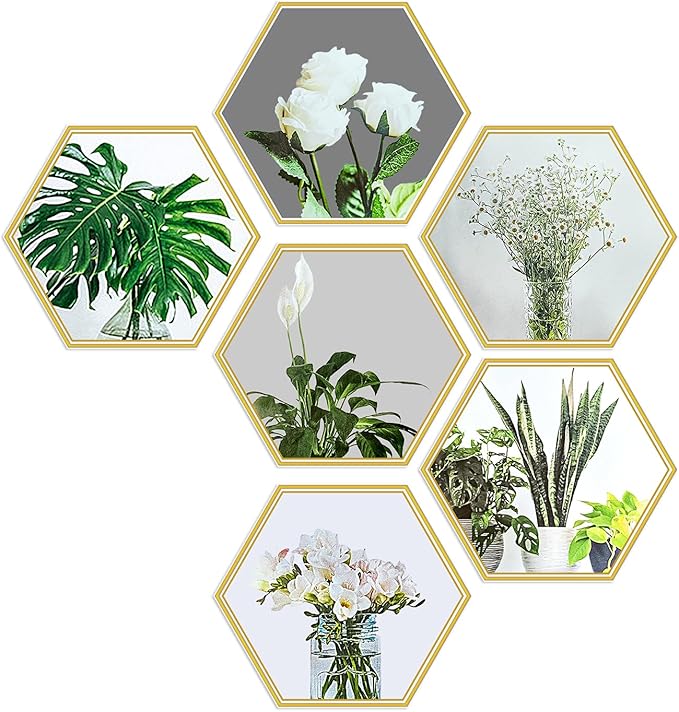 6 Pcs Hexagon Gold Trim Plant Flower 3D DIY Peel and Stick Wall Stickers, Removable PVC Vinyl Magic Picture Decals, Home Decor for Living Room, Bedroom, TV and Sofa Backdrop