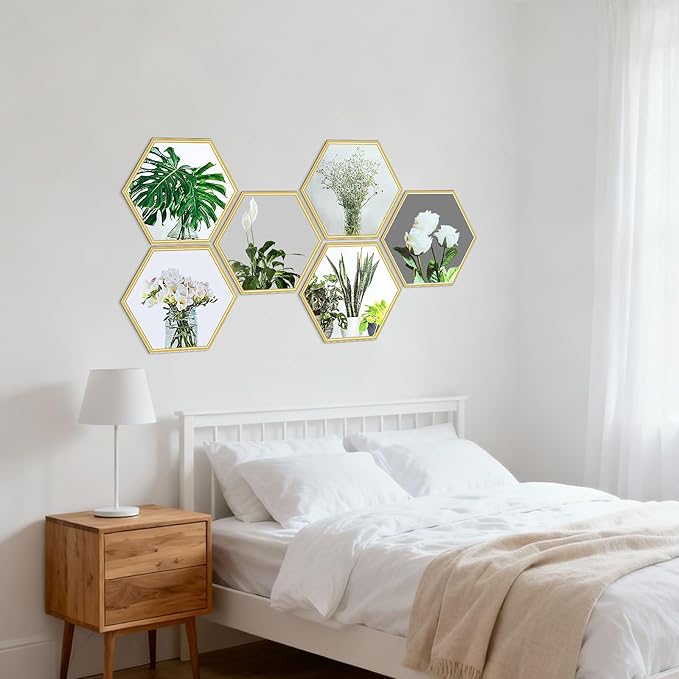 6 Pcs Hexagon Gold Trim Plant Flower 3D DIY Peel and Stick Wall Stickers, Removable PVC Vinyl Magic Picture Decals, Home Decor for Living Room, Bedroom, TV and Sofa Backdrop