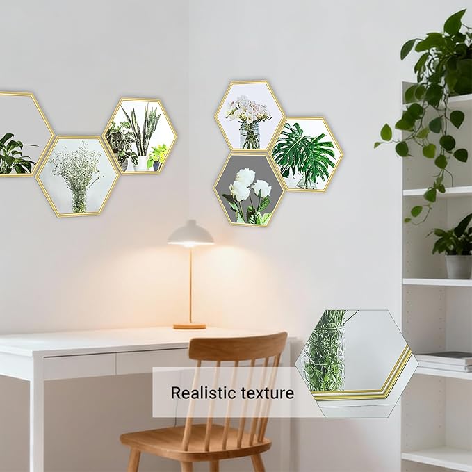6 Pcs Hexagon Gold Trim Plant Flower 3D DIY Peel and Stick Wall Stickers, Removable PVC Vinyl Magic Picture Decals, Home Decor for Living Room, Bedroom, TV and Sofa Backdrop