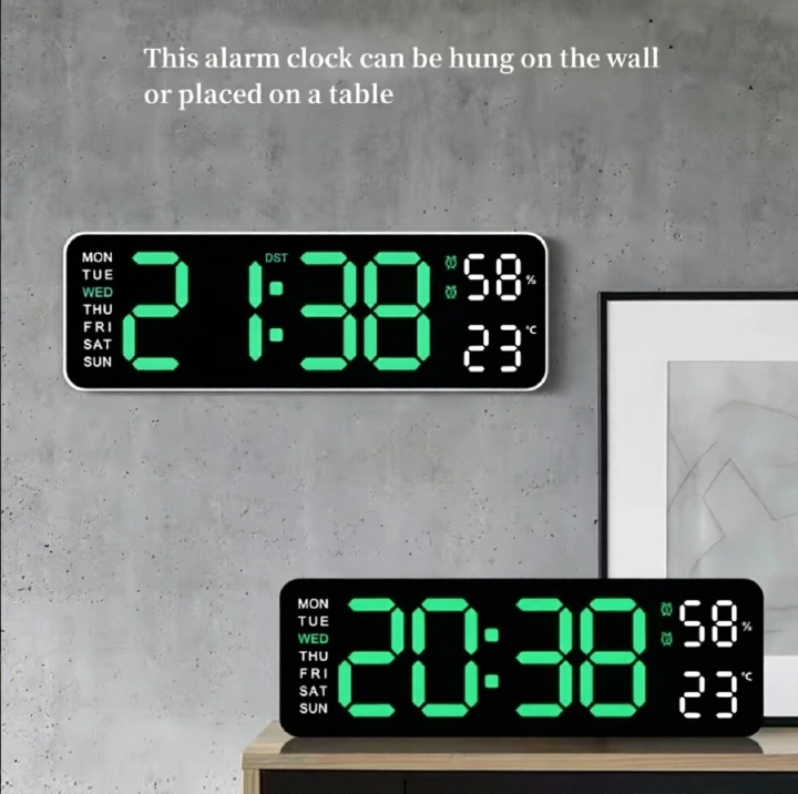 9 Inch Large Electronic LED Digital Wall Clock, USB Powered LED Alarm Clock with Temp Humidity Big Digits, Auto Day Night Dimmer DST Daylight Saving Time, 12/24H, Wall & Desk Mountable Clock