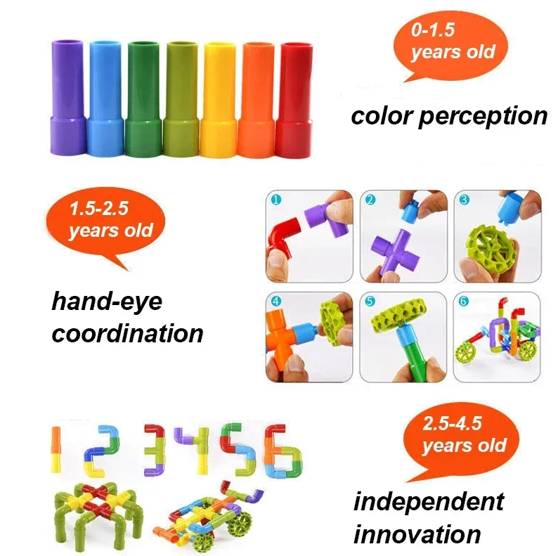 150Pcs Kids Children Toy Building Blocks, STEM Colorful Tube Pipe Construction Blocks, Educational Brain Building Toy Kit for Toddlers Preschool, Construction Blocks Toy for 3-8 Years Old Boys Girls