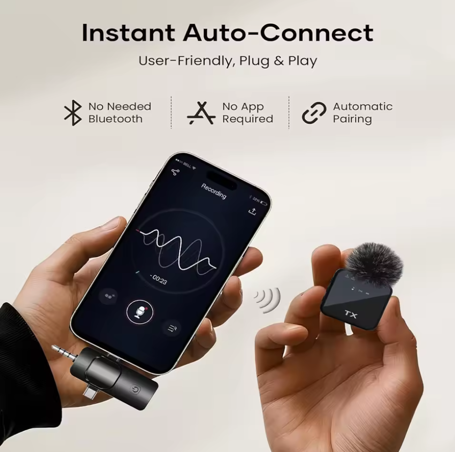 3 in 1 Wireless  Microphone, Noise Cancellation Wireless Mic for Youtubers, Video Recording, Facebook, Compatible with Type-C Android/iPhone/Cameras/Laptop，Wireless Lavalier Microphone