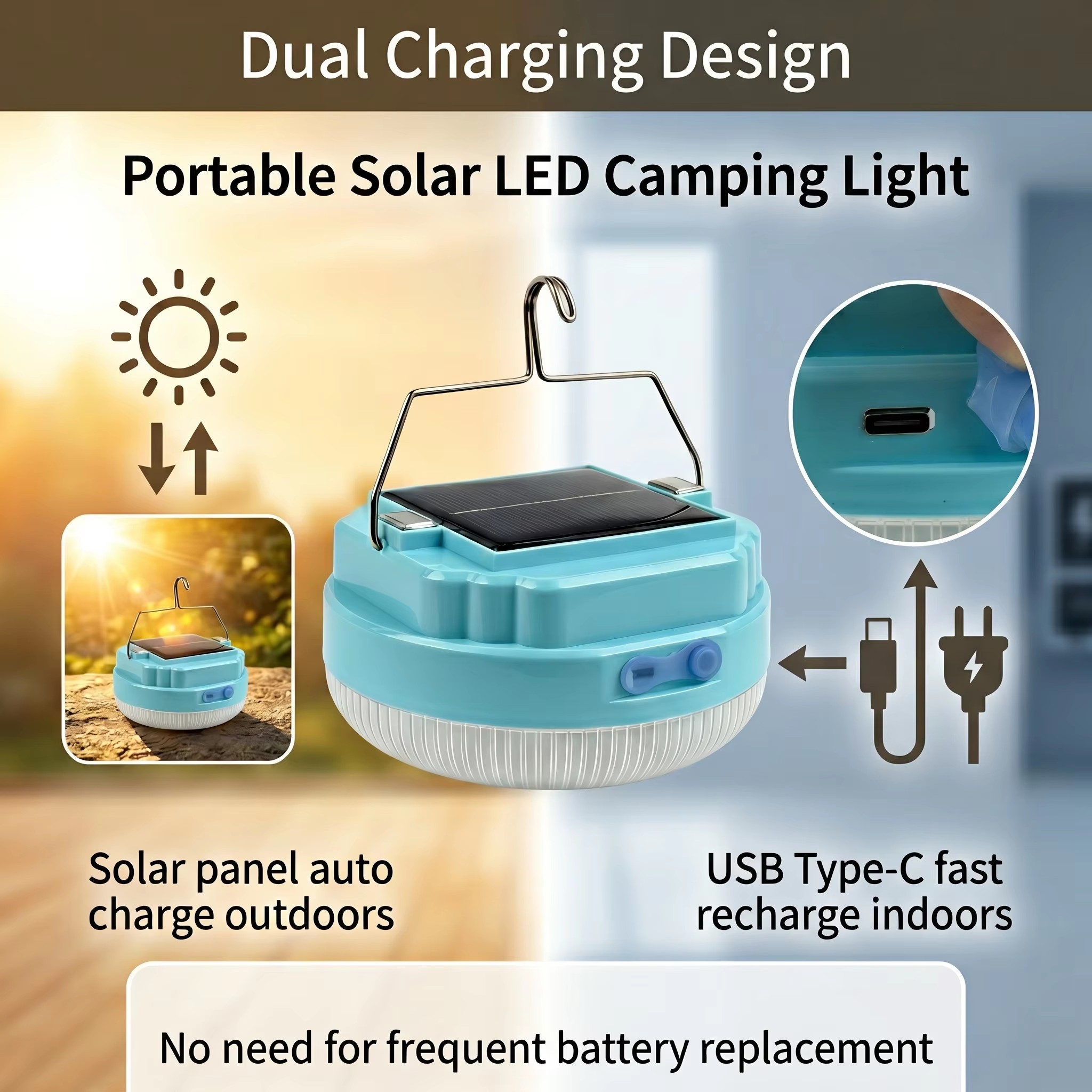 Solar Camping Light, 4800mAh Emergency Camping Light, Portable Indoor/Outdoor Waterproof Super Bright Housing, Built-in Power Bank for Phone Charging Waterproof LED Solar Bulb with Hanging Hook