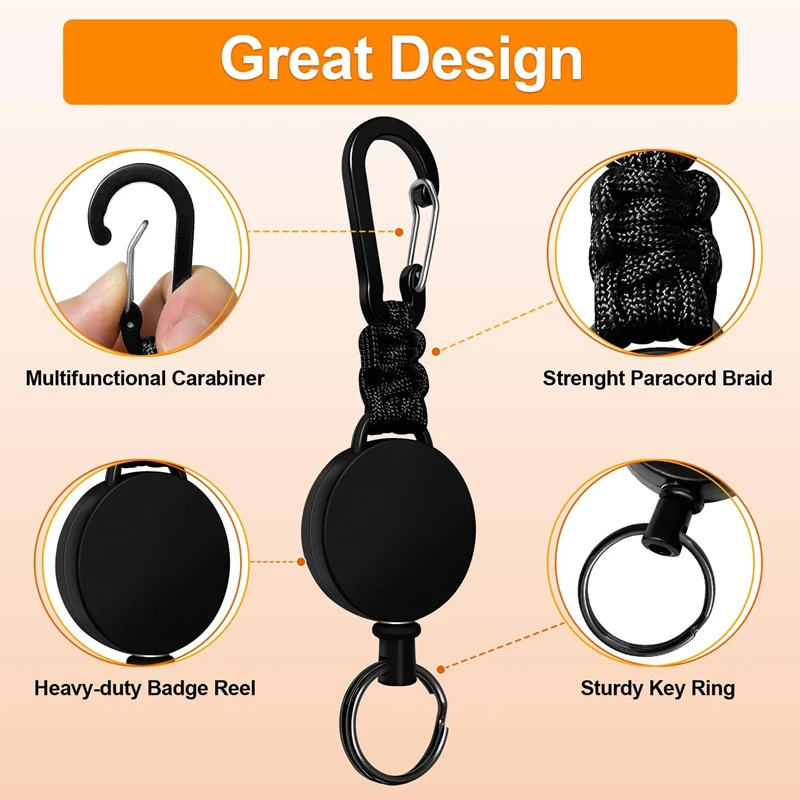 Keychain 60cm Retractable Key Reel Heavy Duty Steel Wire Carabiner Paracord Braided Anti Lost Key chain for Outdoor Camping Hiking Fishing Badge Holder Key Ring ID Card Keys