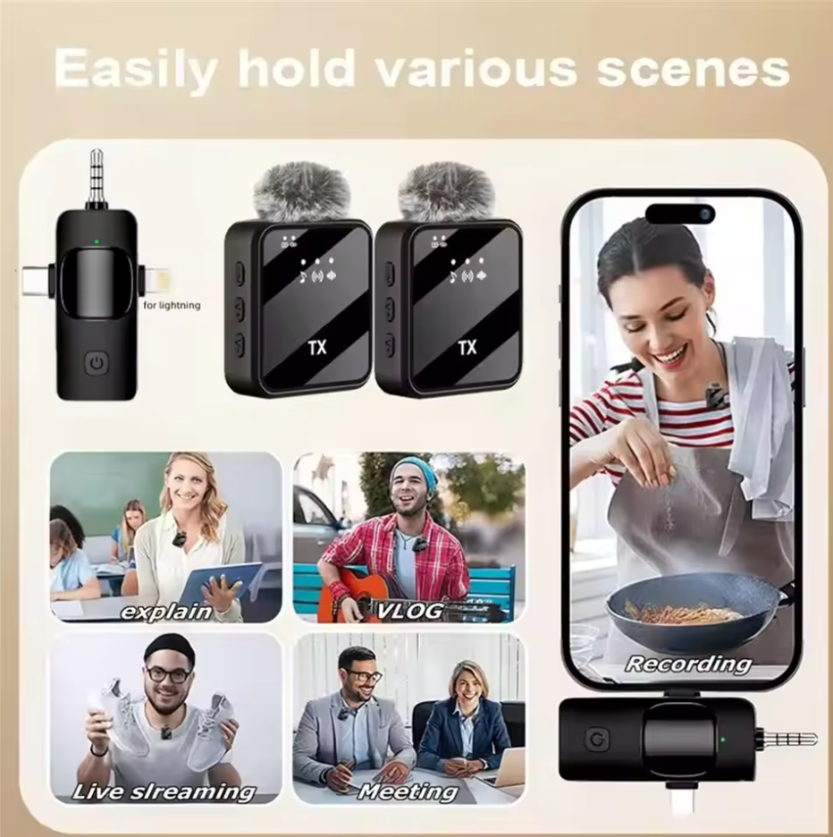 3 in 1 Wireless  Microphone, Noise Cancellation Wireless Mic for Youtubers, Video Recording, Facebook, Compatible with Type-C Android/iPhone/Cameras/Laptop，Wireless Lavalier Microphone
