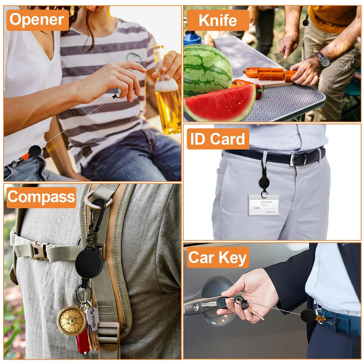 Keychain 60cm Retractable Key Reel Heavy Duty Steel Wire Carabiner Paracord Braided Anti Lost Key chain for Outdoor Camping Hiking Fishing Badge Holder Key Ring ID Card Keys
