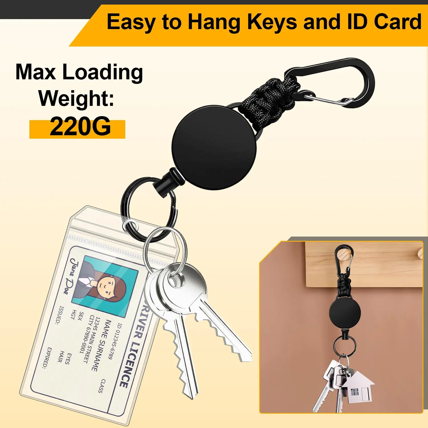 Keychain 60cm Retractable Key Reel Heavy Duty Steel Wire Carabiner Paracord Braided Anti Lost Key chain for Outdoor Camping Hiking Fishing Badge Holder Key Ring ID Card Keys