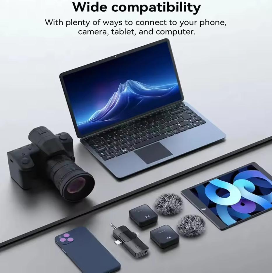 3 in 1 Wireless  Microphone, Noise Cancellation Wireless Mic for Youtubers, Video Recording, Facebook, Compatible with Type-C Android/iPhone/Cameras/Laptop，Wireless Lavalier Microphone