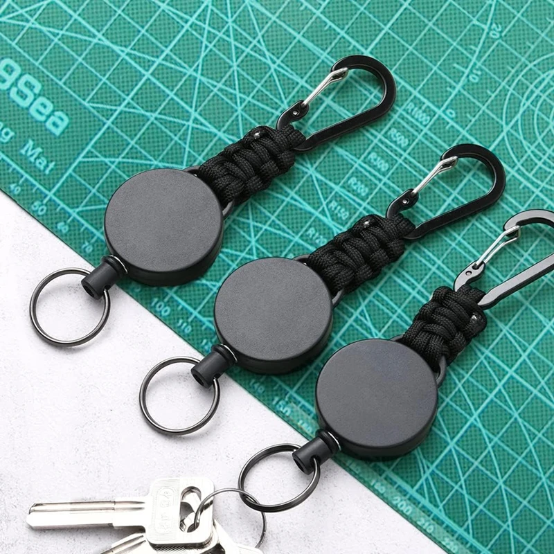 Keychain 60cm Retractable Key Reel Heavy Duty Steel Wire Carabiner Paracord Braided Anti Lost Key chain for Outdoor Camping Hiking Fishing Badge Holder Key Ring ID Card Keys