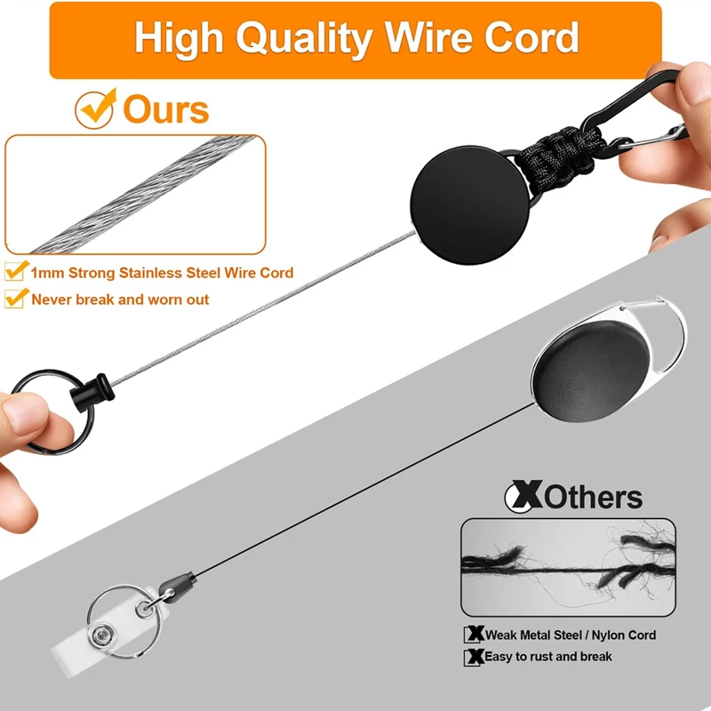 Keychain 60cm Retractable Key Reel Heavy Duty Steel Wire Carabiner Paracord Braided Anti Lost Key chain for Outdoor Camping Hiking Fishing Badge Holder Key Ring ID Card Keys