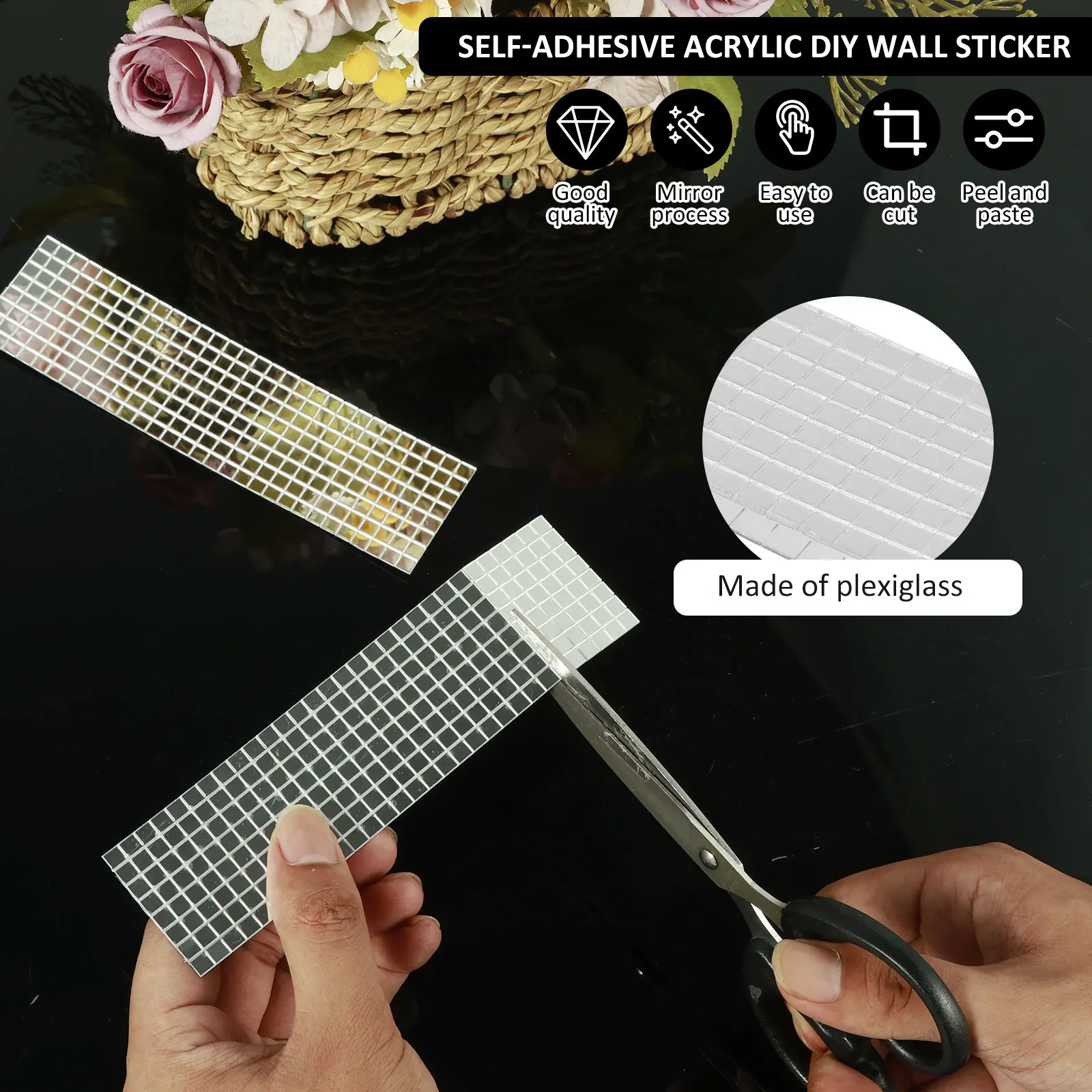 1600Pcs Self‑Adhesive Disco Mirror Mosaic Tiles, 5x5mm Silver Square Glass Sticker, DIY Craft Supplies for Disco Ball Vase Pot Art Project Home Indoor Outdoor Party Wall Decoration