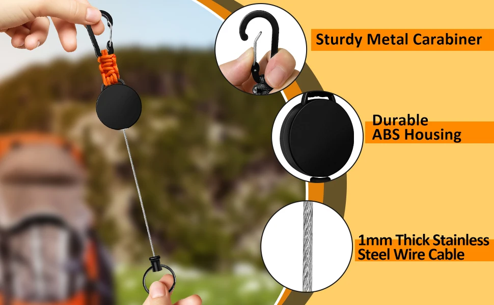 Keychain 60cm Retractable Key Reel Heavy Duty Steel Wire Carabiner Paracord Braided Anti Lost Key chain for Outdoor Camping Hiking Fishing Badge Holder Key Ring ID Card Keys