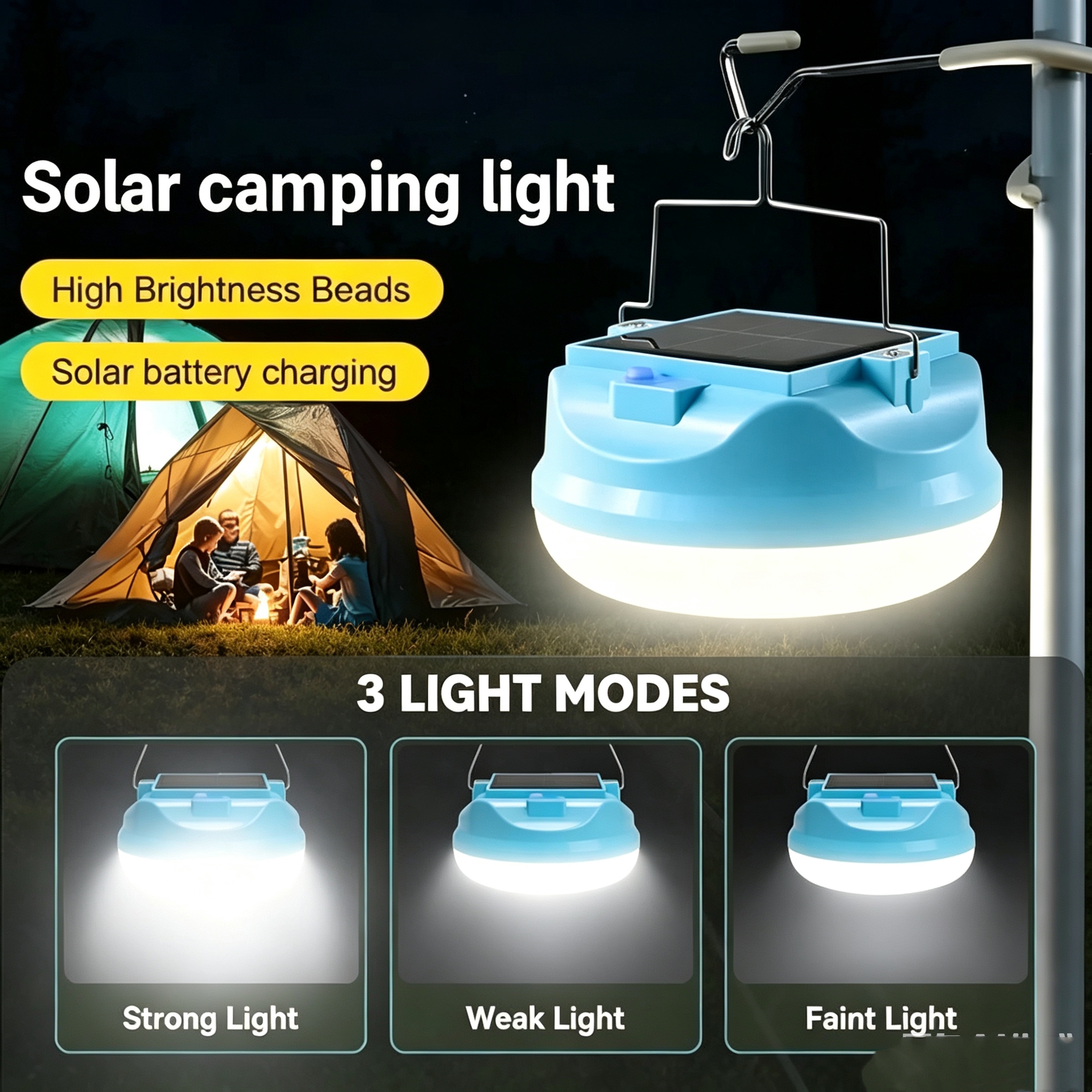 Solar Camping Light, 4800mAh Emergency Camping Light, Portable Indoor/Outdoor Waterproof Super Bright Housing, Built-in Power Bank for Phone Charging Waterproof LED Solar Bulb with Hanging Hook