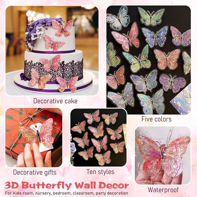 10Pcs Laser Engraved Gold 3D Butterfly Wall Decals Self adhesive Waterproof Reusable PET Stickers Dreamy Butterfly Decorations for Birthday Wedding Party Home Room Aesthetic Cake Decor DIY Crafts