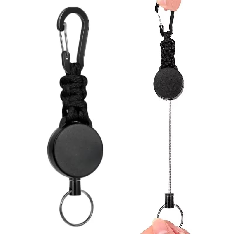 Keychain 60cm Retractable Key Reel Heavy Duty Steel Wire Carabiner Paracord Braided Anti Lost Key chain for Outdoor Camping Hiking Fishing Badge Holder Key Ring ID Card Keys