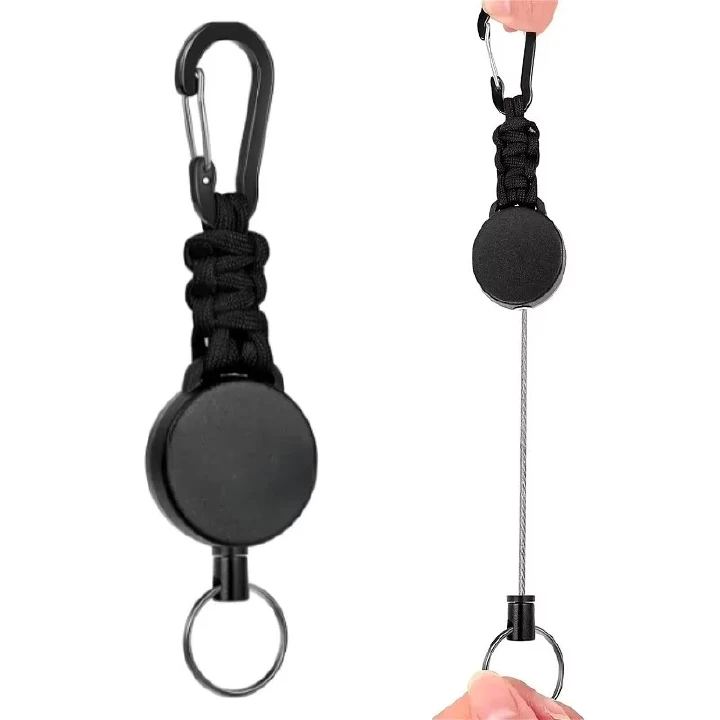 Keychain 60cm Retractable Key Reel Heavy Duty Steel Wire Carabiner Paracord Braided Anti Lost Key chain for Outdoor Camping Hiking Fishing Badge Holder Key Ring ID Card Keys