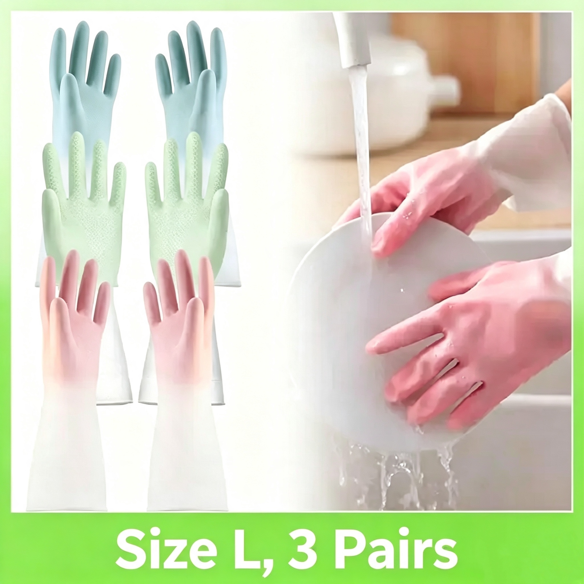 3 Pairs Rubber Beef Tendon Kitchen Gloves, Waterproof Anti-slip Latex Gloves for Dishwashing Housework Cleaning, Durable Protective Silicone Sponge Scrubber Gloves for Household Washing
