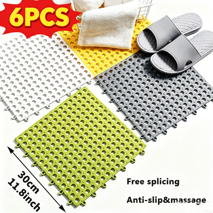 6 Pack Drainage Interlocking Rubber Floor Tiles Soft PVC Non-Slip Tile Splicing Shower Mat, outdoor bathroom floor drainage mat, swimming pool terrace balcony mat,DIY cut‑to‑size(3 Grey + 3 White )