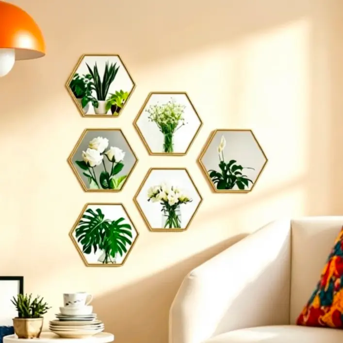 6 Pcs Hexagon Gold Trim Plant Flower 3D DIY Peel and Stick Wall Stickers, Removable PVC Vinyl Magic Picture Decals, Home Decor for Living Room, Bedroom, TV and Sofa Backdrop