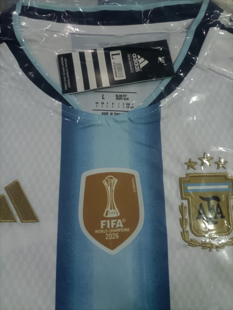 World cup Argentina Home Jersey (Player Version)– Sky Blue & White Stripes, Gold Accents | Sizes S - 2XL.  CHAMPIONS KIT.