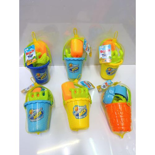 Beach Bucket with Beach Toys for Kids – Sand Play Set with Shovel, Moulds & Watering Can for Beach, Pool, and Outdoor Fun (Assorted Colour)
