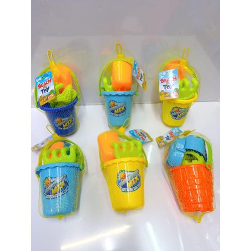 Beach Bucket with Beach Toys for Kids – Sand Play Set with Shovel, Moulds & Watering Can for Beach, Pool, and Outdoor Fun (Assorted Colour)
