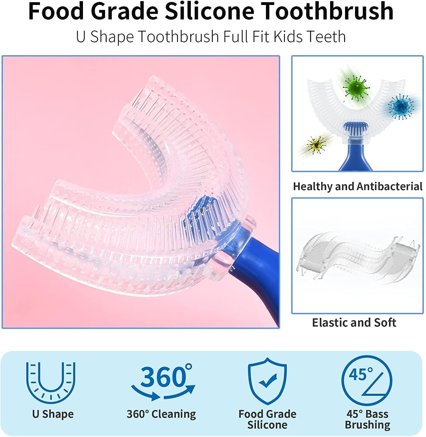 Toddler Children 360 U Shaped Soft Silicone Toothbrush Pack Kid Age 2-6Y All Rounded Teeth Brush Head Easy Circular Wide 3 Side Foam Manual Boy Girl Full Whole Mouth Guard