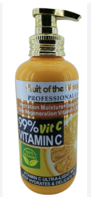 500ml bottle of Fruit of the Wokali Professional Care 99% Vitamin C Body Lotion with a gold-colored pump dispenser.